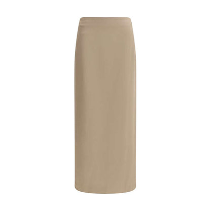 Brunello Cucinelli Gray Acetate Midi Skirt with elegant satin finish and back slit, perfect for sophisticated looks.