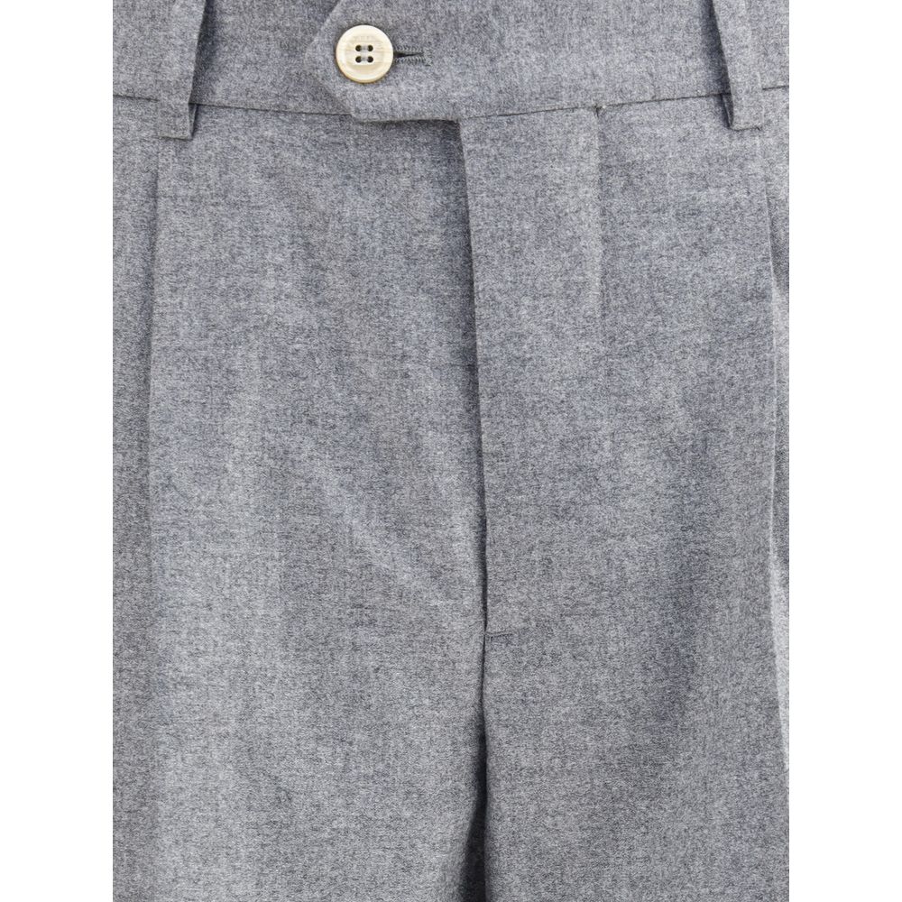 Close-up of Brunello Cucinelli Gray Cashmere Casual Pants showcasing button and zipper details.