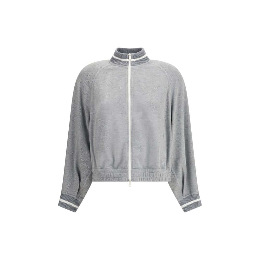 Brunello Cucinelli Gray Viscose Sweatshirt with ribbed collar, cuffs, and hem, featuring a front zipper closure and two side welt pockets.