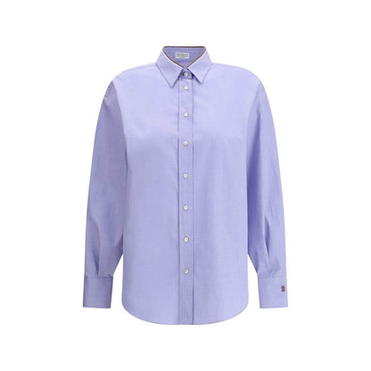 Brunello Cucinelli Light Blue Cotton Dress Shirt with classic collar, front button closure, and asymmetrical hem. AW25 collection.