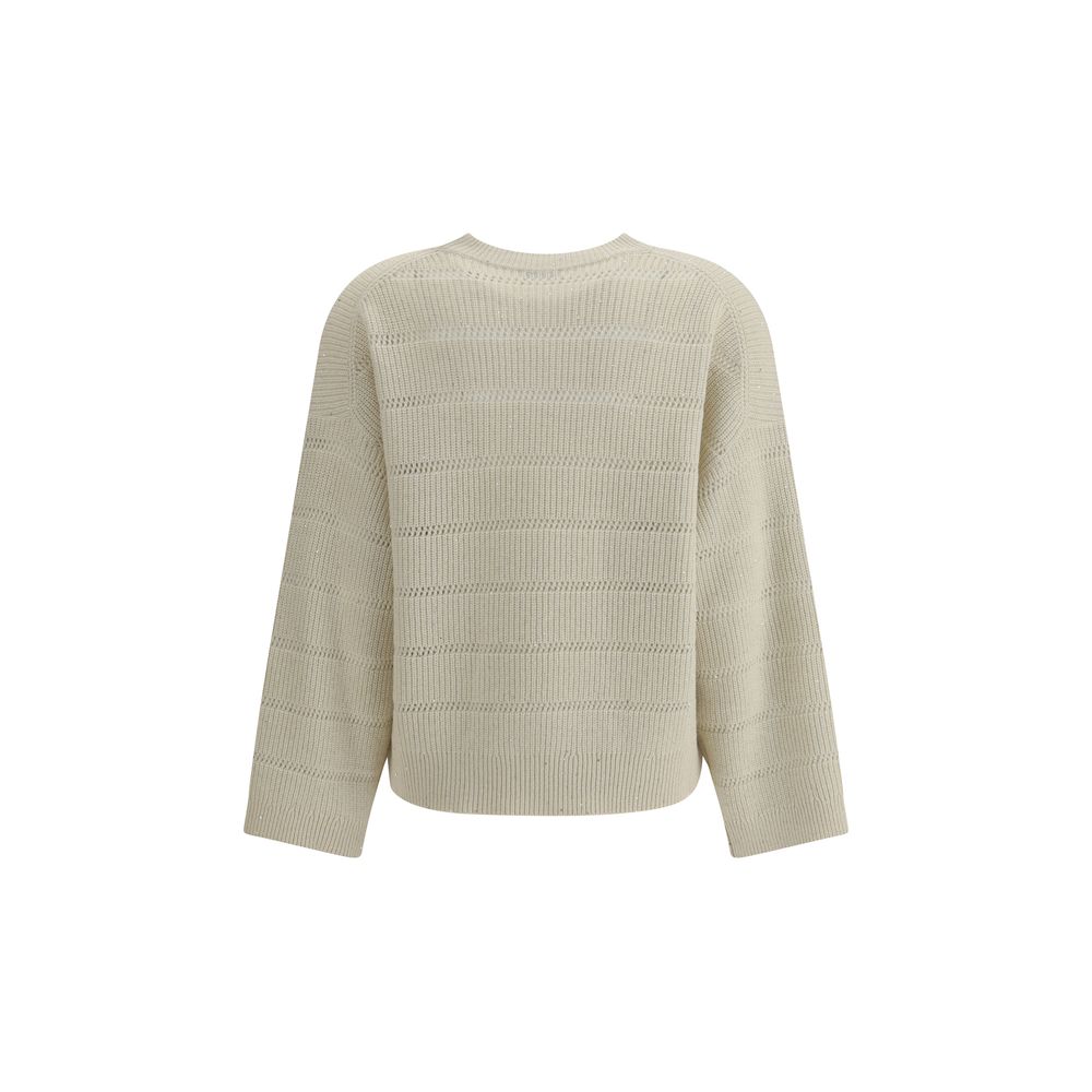 Back view of Brunello Cucinelli White Cashmere Cashmere Sweater with ribbed knit, crew neck, and wide sleeves, showcasing elegant texture.