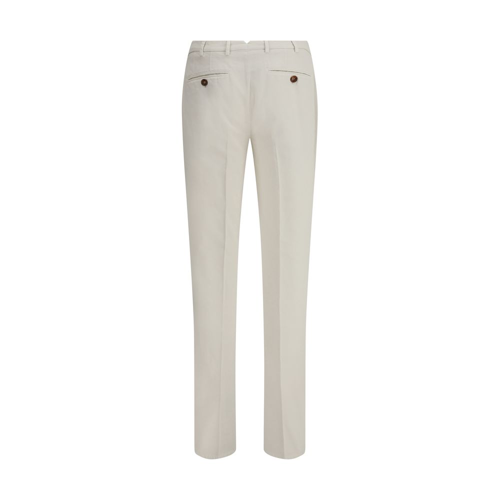 Back view of Brunello Cucinelli White Cotton Casual Pants with buttoned welt pockets, showcasing elegant design and craftsmanship.