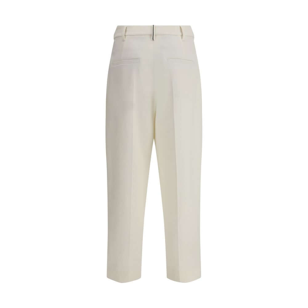 Brunello Cucinelli White Cotton Chino Pants with cropped ankle length and straight leg, showcasing tailored front pleats.