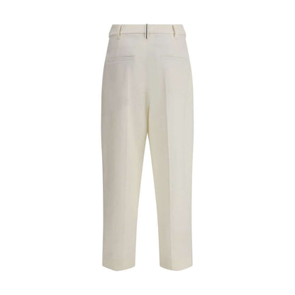 Brunello Cucinelli White Cotton Chino Pants with cropped ankle length and straight leg, showcasing tailored front pleats.