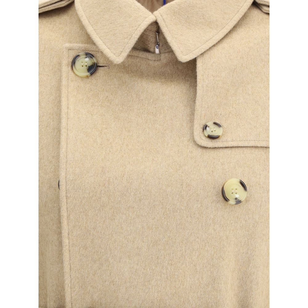 Close-up of Burberry Beige Cashmere Coat featuring double-breasted buttons and hook-and-eye collar details for refined elegance.