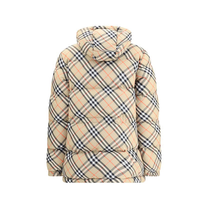 Burberry Beige Polyester Full-Length Jacket with iconic check pattern, hood, adjustable drawstring waist, and double-slider zipper closure.