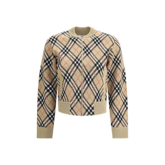 Burberry Beige Wool Cardigan with check pattern, front zipper, and ribbed cuffs. Ideal for casual or everyday wear with stylish design.