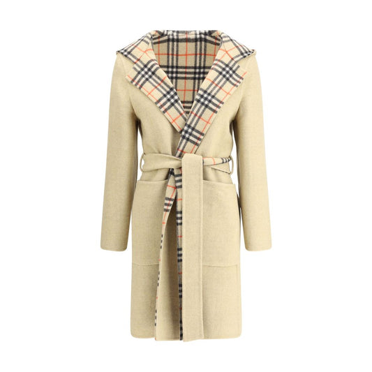 Burberry Beige Wool Coat, reversible with Burberry Check pattern, featuring a hood, detachable belt, and wrap-around closure.