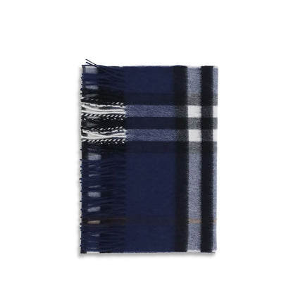 Burberry Blue Cashmere Scarf in iconic Check pattern featuring fringed edges, made of soft cashmere for timeless elegance and warmth.