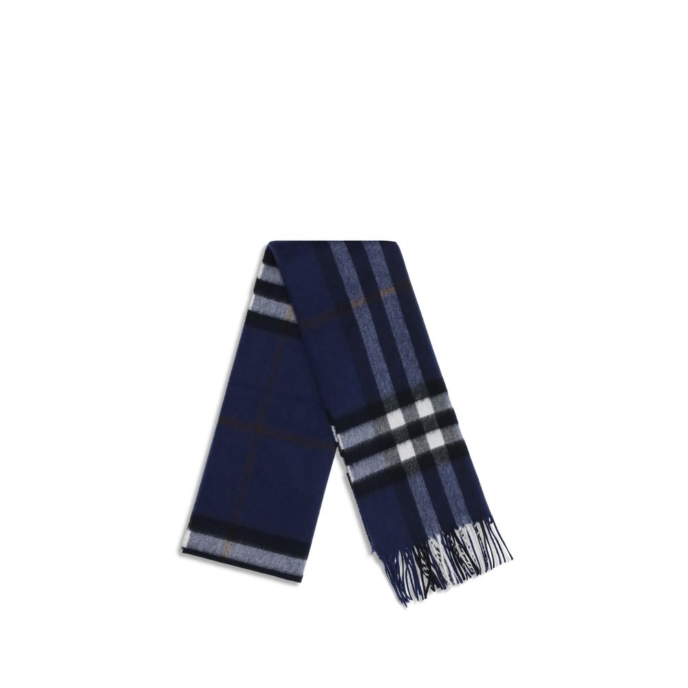 Burberry Blue Cashmere Scarf with iconic Check pattern, fringed edges, soft texture, and internal logo label for elegance and warmth.