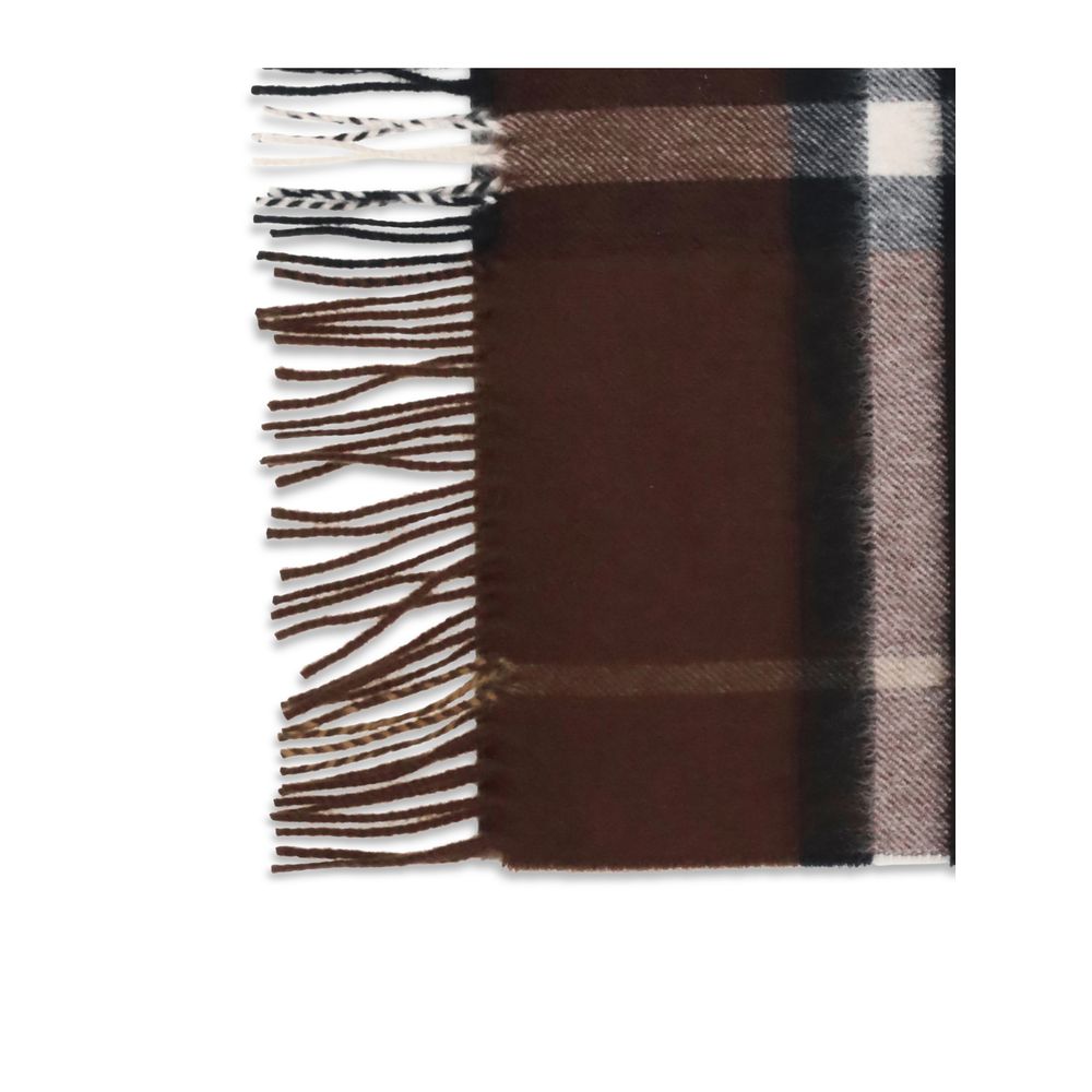 Burberry Brown Cashmere Scarf in classic check pattern with fringed ends, 100% cashmere, AW25 collection, dimensions 168×168 cm.