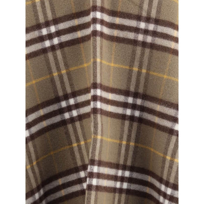 Burberry Brown Wool Coat with iconic Burberry Check motif, crafted from a wool-cashmere blend, showcasing fringed ends and double-faced finish.