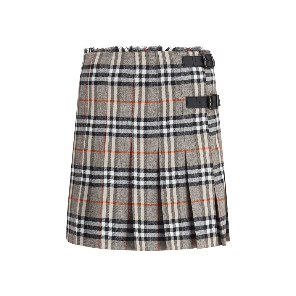 Burberry Gray Wool Mini Skirt with pleats, adjustable leather straps, and check pattern, featuring refined Burberry engravings.