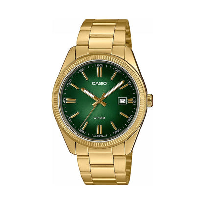 CASIO COLLECTION Mod. DATE, GOLD - GREEN wristwatch with gold stainless steel strap and green dial, water resistant 5 ATM.