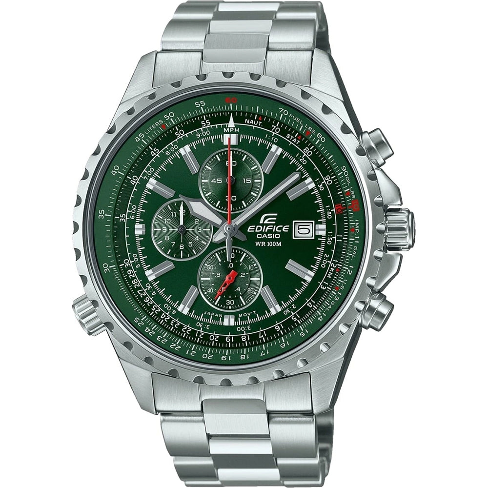 CASIO EDIFICE Mod. SLIDE RULE XL CHRONO - GREEN, 10 ATM water resistant gent's quartz chronograph wristwatch with stainless steel bracelet.