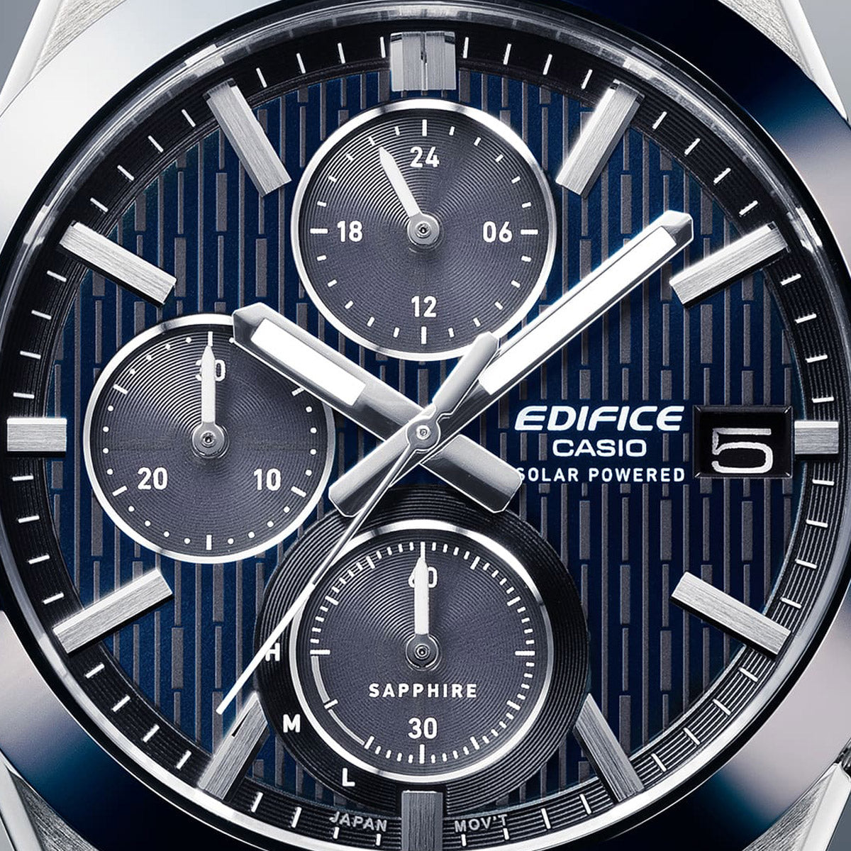 Close-up of CASIO EDIFICE Mod. SOLAR POWERED CHRONOGRAPH - BLUE, showcasing the detailed chronograph dial and solar-powered features.