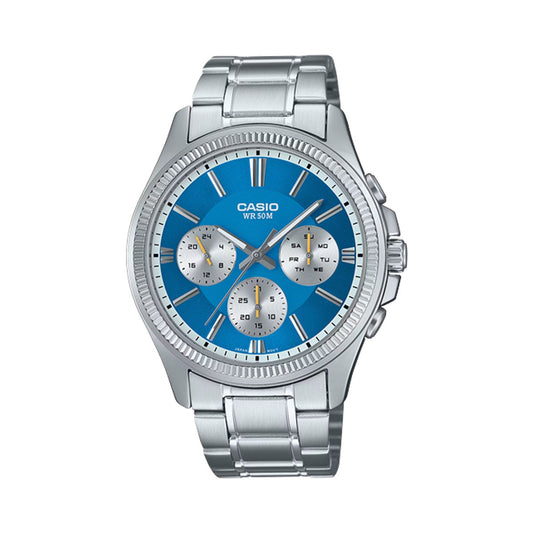 CASIO Mod. DAY DATE MULTIFUNCTION - LIGHT BLUE wristwatch with stainless steel bracelet and 43.5 mm case, water resistant to 5 ATM.