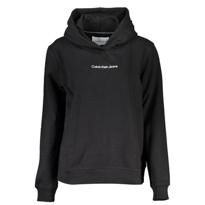 Calvin Klein Black Cotton Sweatshirt with hood embroidery logo, long sleeves, transitional cotton fleece, ideal for layering.