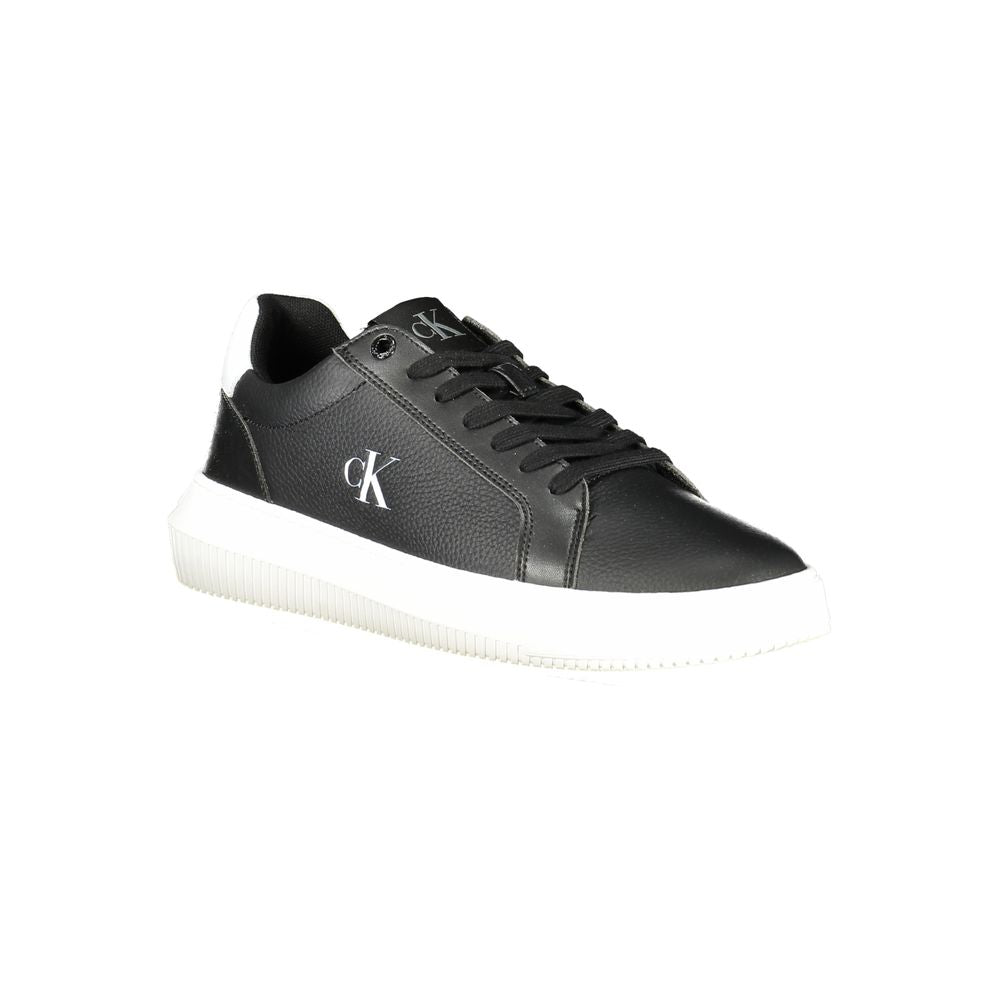 Calvin Klein Black Leather Men Sneaker with white sole and logo, showcasing modern fashion-forward design for casual and night outings.