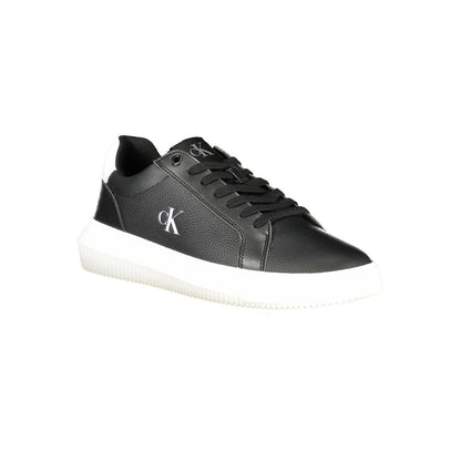 Calvin Klein Black Leather Men Sneaker with white sole and logo, showcasing modern fashion-forward design for casual and night outings.
