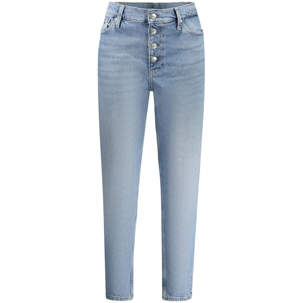Calvin Klein Blue Cotton Women Jean with mom jeans style, classic 5-pocket design, and iconic washed effect. Perfect for fashion-forward style.