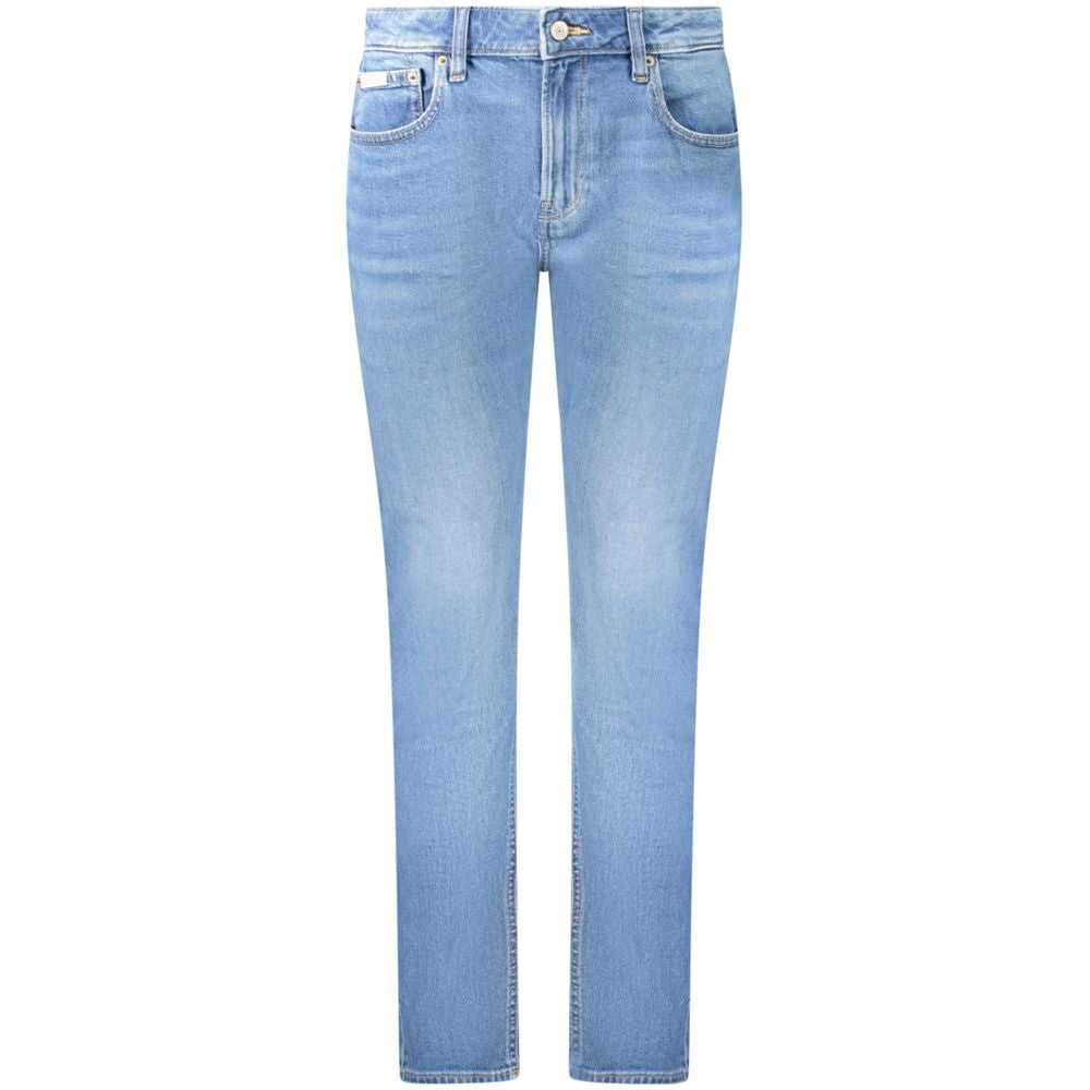 Calvin Klein Blue Cotton Women's Slim Jean in a versatile washed blue hue, showcasing timeless chic and comfort with mid rise cut.