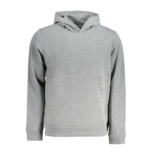 Calvin Klein Gray Polyester Men Sweater featuring bold logo print and eco-friendly recycled material for casual or sporty wear.