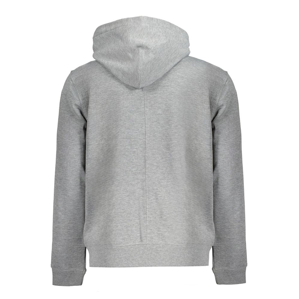 Back view of Calvin Klein Gray Recycled Polyester Men Hoodie with hood up, featuring a brushed interior for sporty luxury.