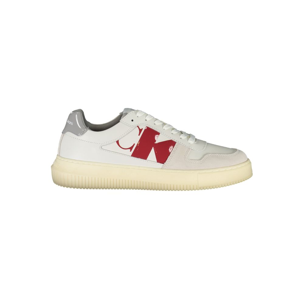 Calvin Klein Sleek White Lace-Up Sneakers with Contrast Details featuring sustainable materials and distinctive logo design.