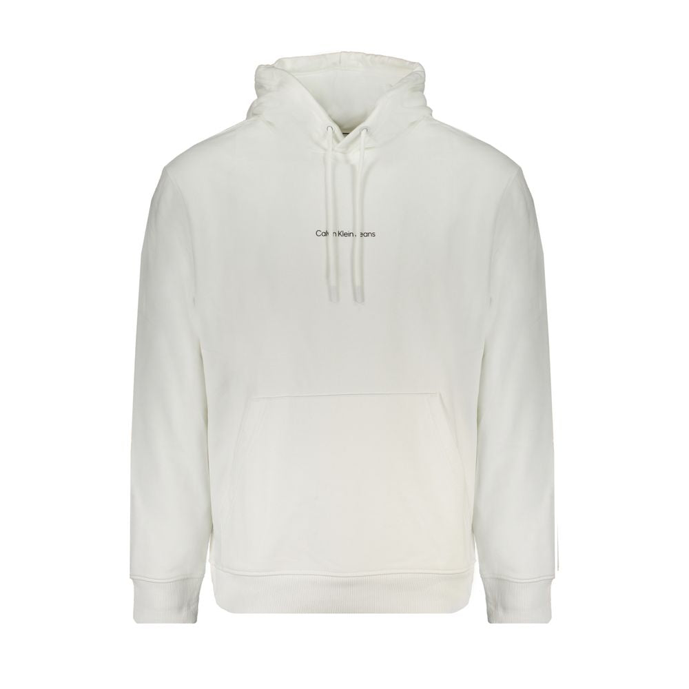 Alt Tag: Calvin Klein White Cotton Men Sweater with Hood featuring iconic logo and central pocket, made from 95% regenerative cotton.