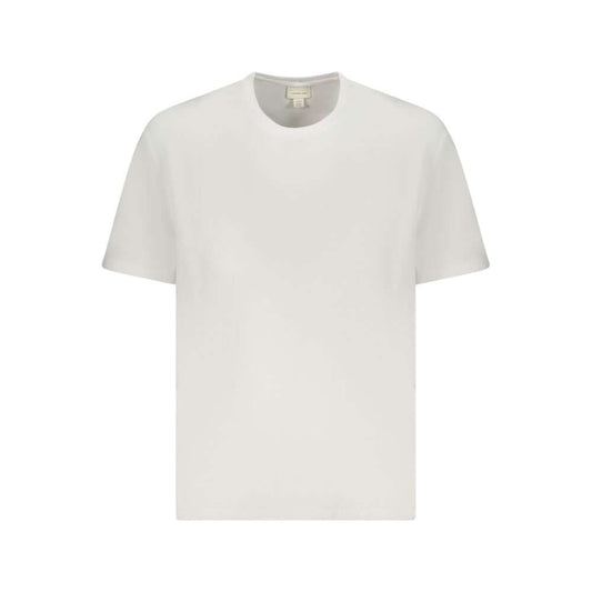 Calvin Klein White Cotton Men T-Shirt, short-sleeved crew neck with intricate embroidery, offering comfort and style for casual wear.