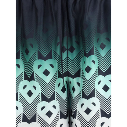 Casablanca Multicolor Silk Bermuda Shorts with Gradient Monogram heart pattern in mint and black, inspired by Tokyo’s Park Hyatt palette.