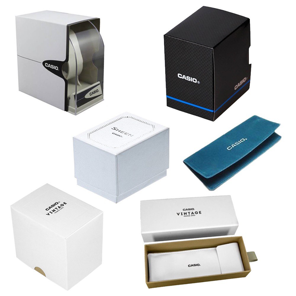 Collection of CASIO watch packaging boxes including official box for CASIO COLLECTION Mod. DAY DATE - BLUE wristwatch.
