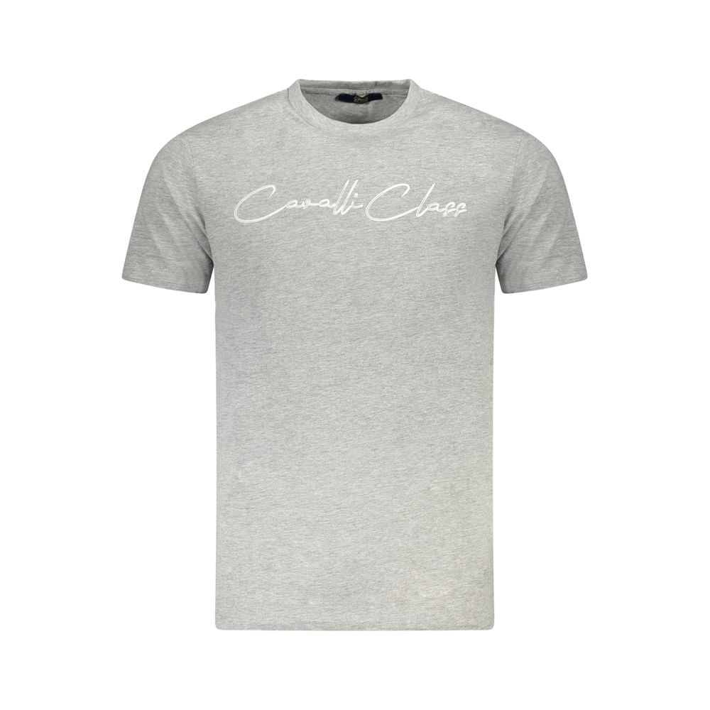 Cavalli Class Gray Cotton Men T-Shirt with short sleeves and crew neck, featuring a bold print, exudes casual luxury and sophisticated style.