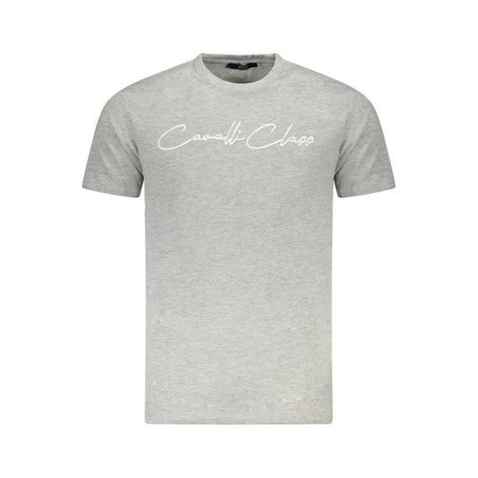 Cavalli Class Gray Cotton Men T-Shirt with logo print, short sleeves, and crew neck design, offering casual luxury and bold style.