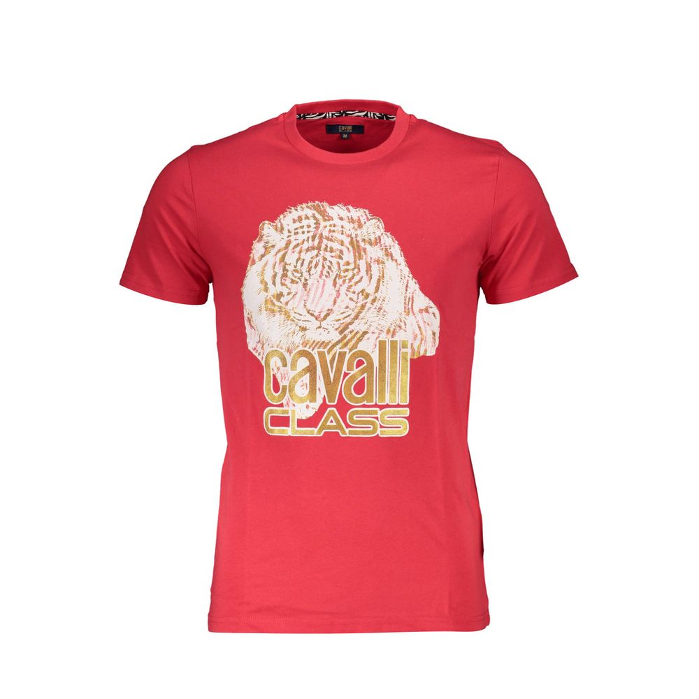Cavalli Class Red Cotton Men TShirt with bold logo print, short sleeve, edgy style, made from soft cotton for comfort and trendsetting appeal.