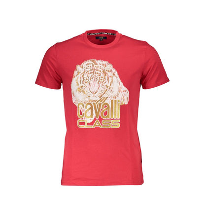 Cavalli Class Red Cotton Men TShirt with bold logo print, short sleeve, edgy style, made from soft cotton for comfort and trendsetting appeal.