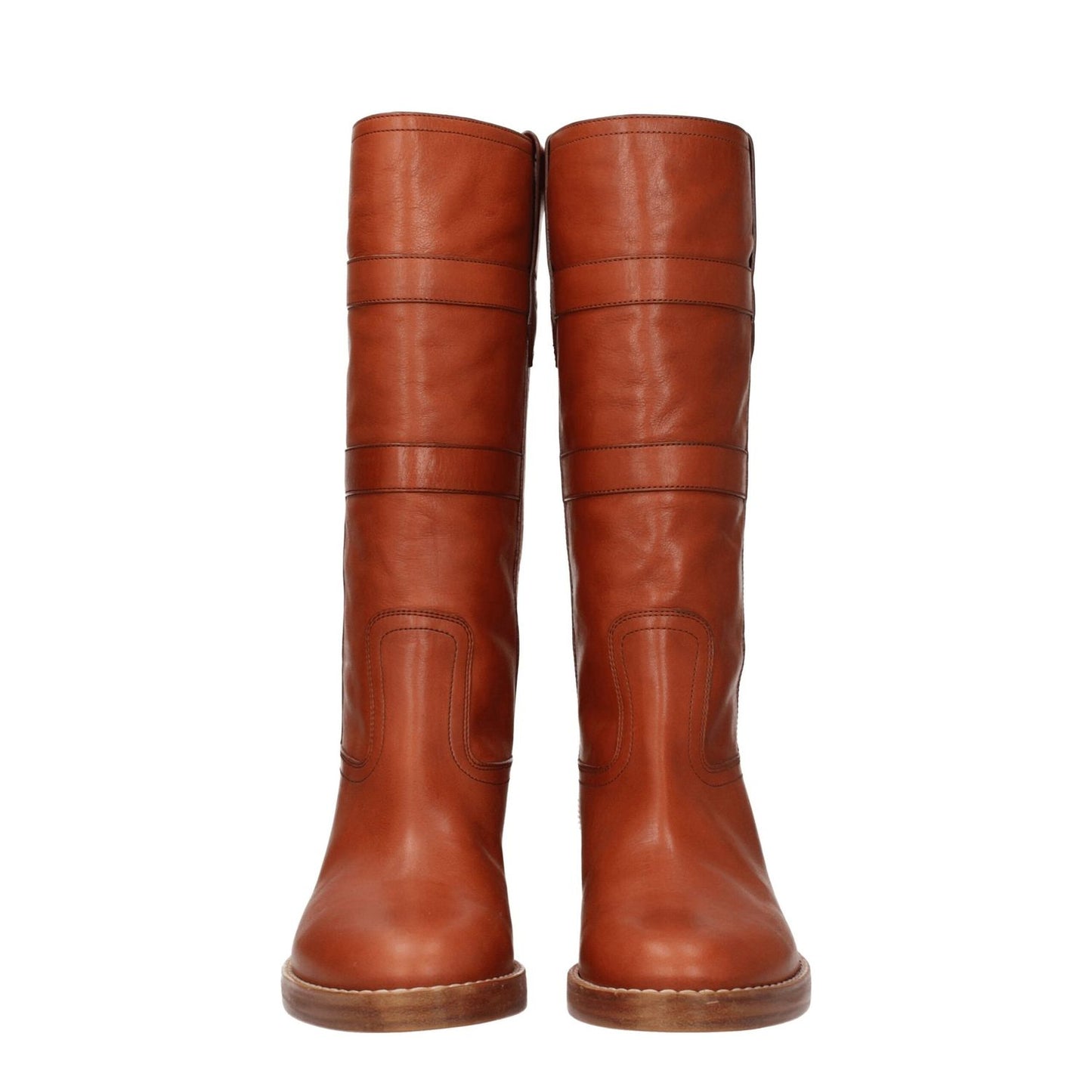 Celine Brown Leather Boots with vintage effect and side logo, featuring mid heels and round toe.