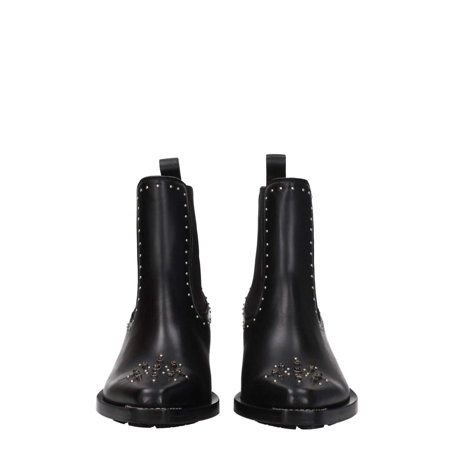 Chloé Black Leather Ankle Boots with studs, silver stones, square toe, mid heels, 6 cm heel height, casual style, rubber sole.