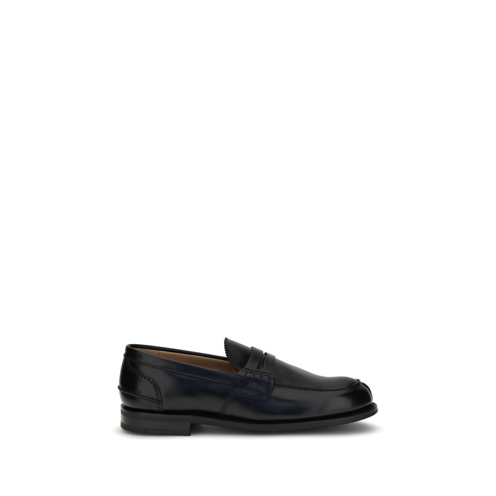 Church's Black Calf Leather Bos Taurus Slip-On Loafers with classic design and hand-stitched detail, shown in side view.
