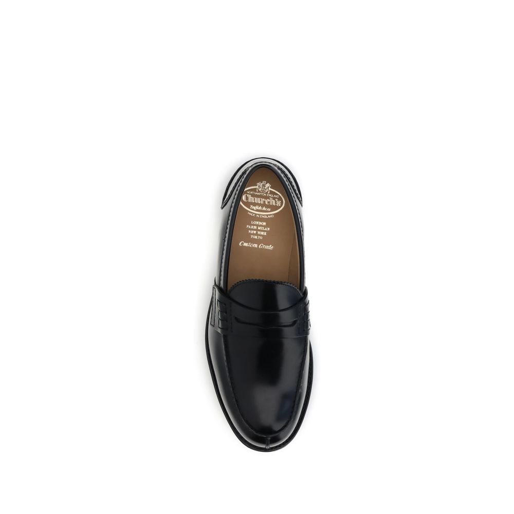 Top view of Church's Black Calf Leather Bos Taurus Slip-On Loafers, showcasing refined craftsmanship and elegant design.