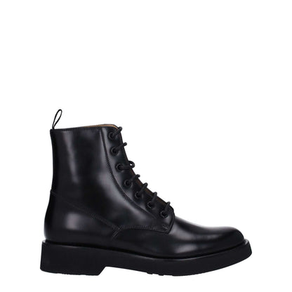 Church's Black Leather Ankle Boots with lace-up closure and vintage effect, featuring a low, flat heel and rubber sole.