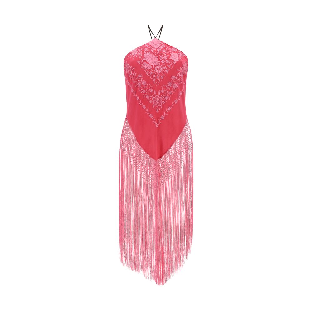 Conner Ives Piano Shawl Top with floral embroidery and fringe detailing, asymmetrical hem, off-shoulder silk design, SS23 collection.