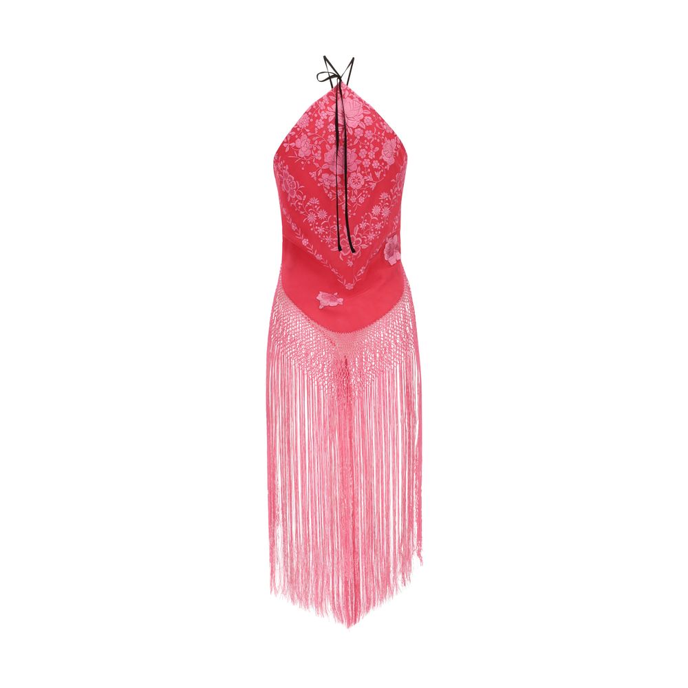 Conner Ives Piano Shawl Top with floral embroidery, off-shoulder design, long fringe, and asymmetrical hem in silk for SS23 collection.