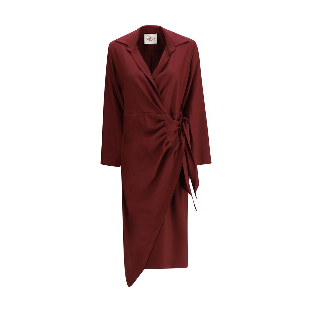 Crida Milano Bordeaux Silk Casual Dress with wrap design, V-neckline, and polka dot pattern.