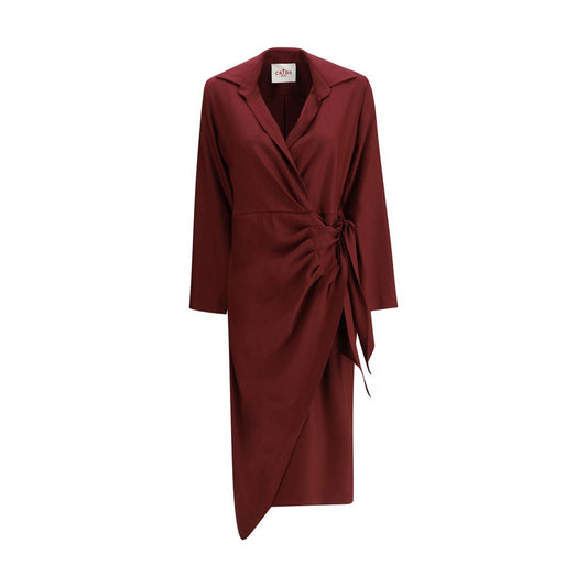 "Crida Milano Bordeaux Silk Casual Dress with polka dot pattern, V-neckline, and elegant wrap design, featuring a tie bow detail."
