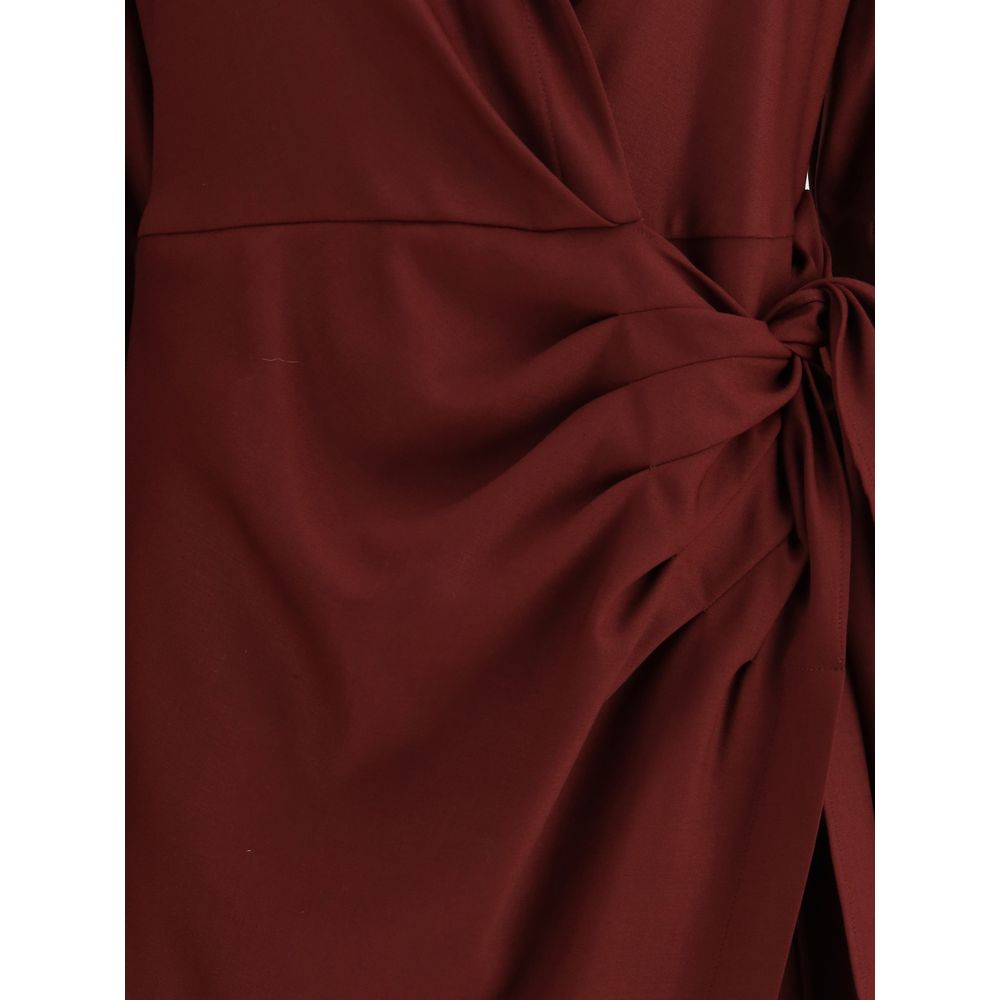 Crida Milano Bordeaux Silk Casual Dress showcasing wrap design and tie bow detail in rich bordeaux shade.