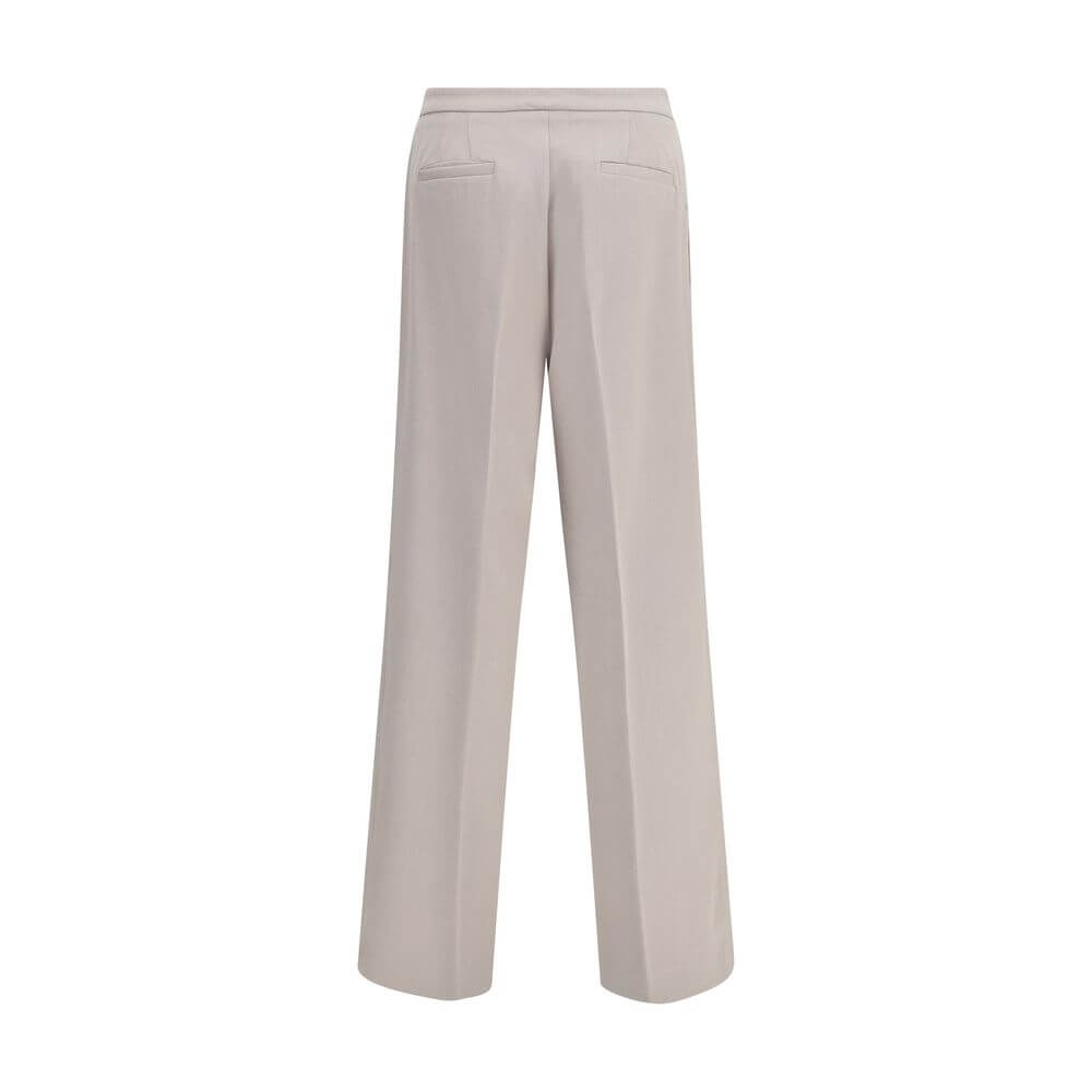 Cruna Beige Polyester Casual Pants with wide legs, front zip, button fastening, side and back pockets, perfect for casual or refined looks.