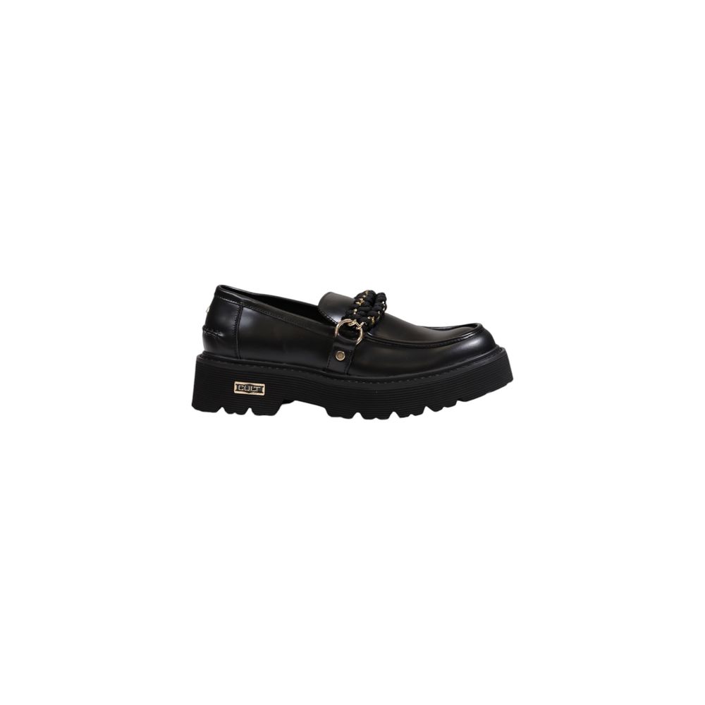 Cult Black Leather Platform shoe with chain and treaded sole, brushed leather finish for women.