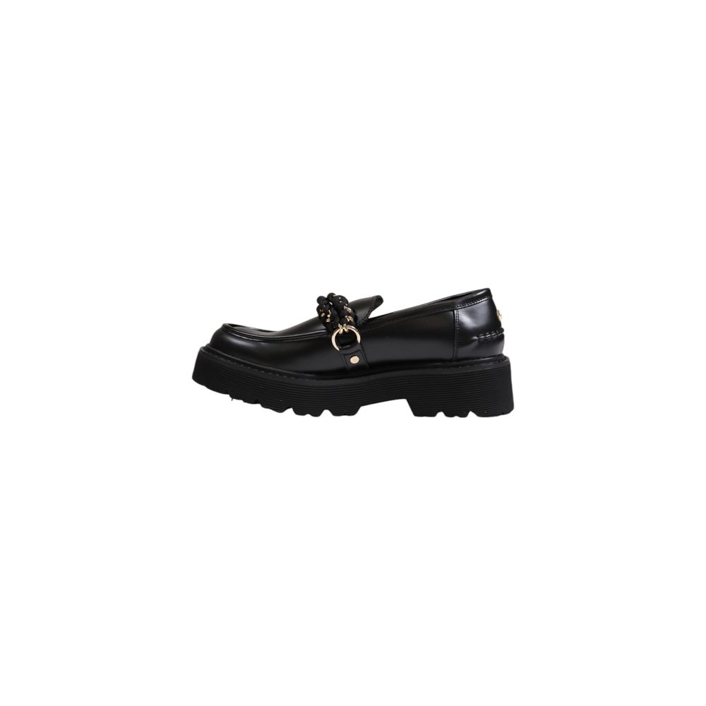 Cult Black Leather Platform with decorative chain, brushed finish, and chunky treaded sole for stylish stability and comfort.